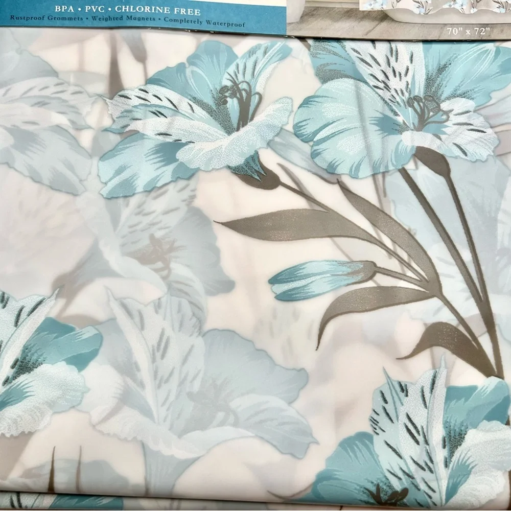 Blue Hawaii Peva Shower Curtain Blue Gray Flowers Leaves Metal Grommets